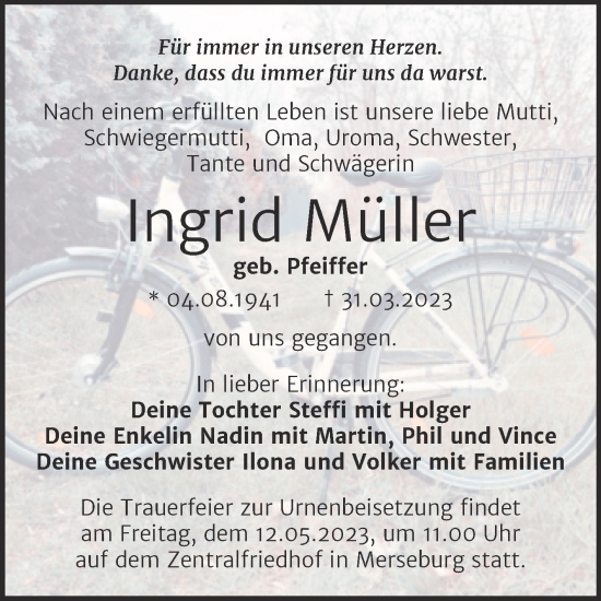 Traueranzeige von Ingrid Müller von Trauerkombi Merseburg