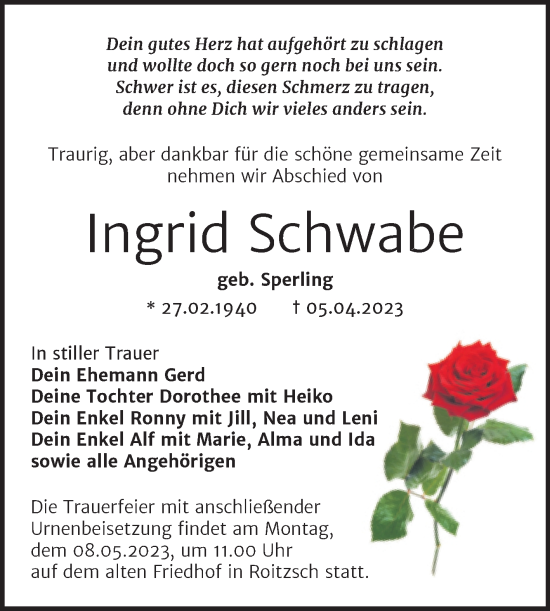 Traueranzeige von Ingrid Schwabe von Trauerkombi Bitterfeld