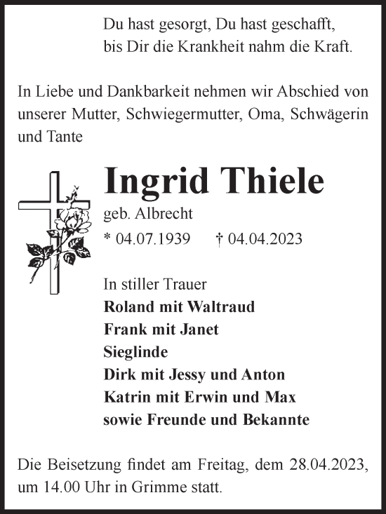 Traueranzeige von Ingrid Thiele von Volksstimme Zerbst