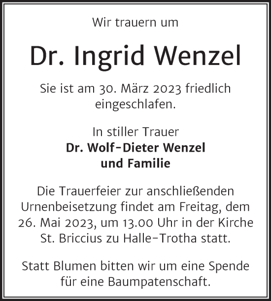 Traueranzeige von Ingrid Wenzel von Mitteldeutsche Zeitung Halle/Saalkreis