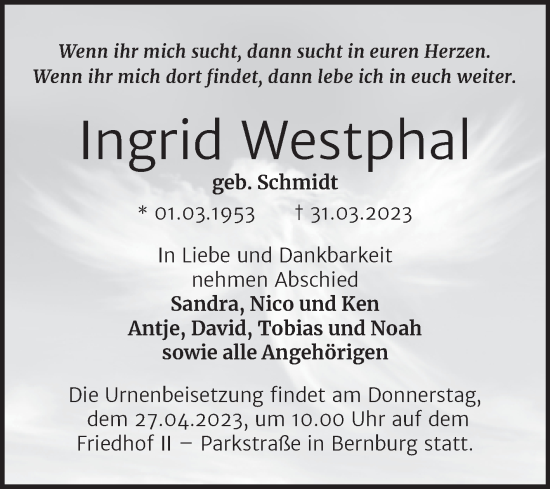 Traueranzeige von Ingrid Westphal von Trauerkombi Bernburg