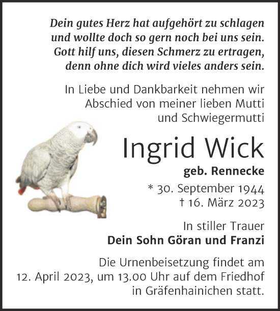 Traueranzeige von Ingrid Wick von Trauerkombi Wittenberg