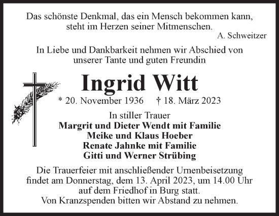 Traueranzeige von Ingrid Witt von Volksstimme Burg/Genthin
