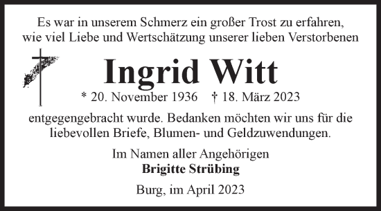 Traueranzeige von Ingrid Witt von Volksstimme Burg/Genthin