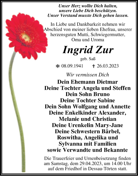Traueranzeige von Ingrid Zur von Trauerkombi Dessau