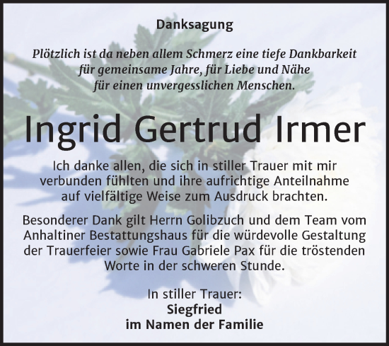 Traueranzeige von Ingrid Gertrud Irmer von Trauerkombi Dessau