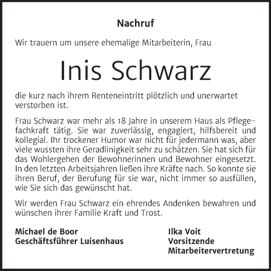 Traueranzeige von Inis Schwarz von Naumburger Tageblatt