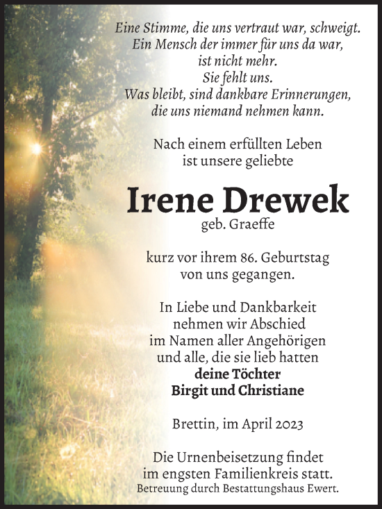 Traueranzeige von Irene Drewek von Volksstimme Burg/Genthin