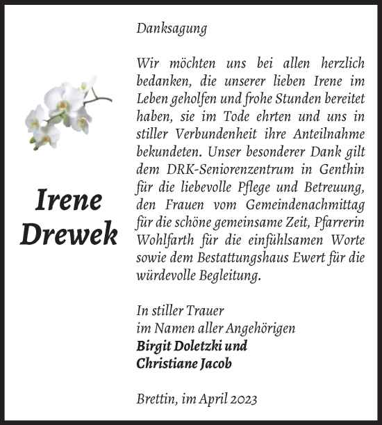 Traueranzeige von Irene Drewek von Volksstimme Burg/Genthin