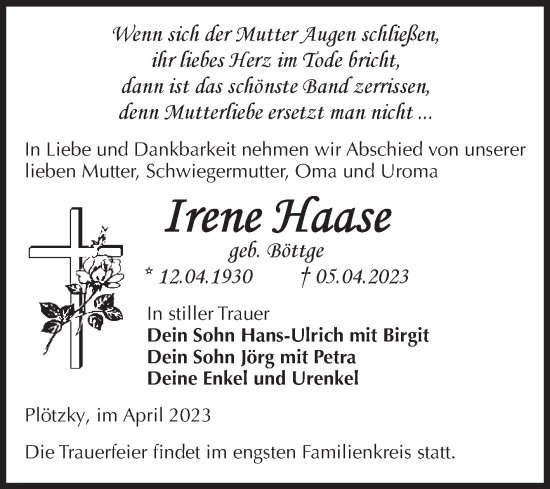 Traueranzeige von Irene Haase von Volksstimme Schönebeck