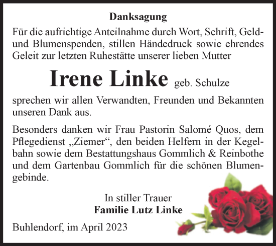 Traueranzeige von Irene Linke von Volksstimme Zerbst