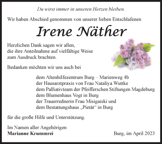 Traueranzeige von Irene Näther von Volksstimme Burg/Genthin