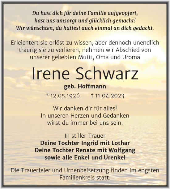 Traueranzeige von Irene Schwarz von Trauerkombi Bitterfeld