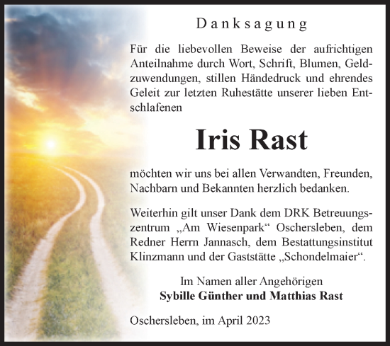 Traueranzeige von Iris Rast von Volksstimme Oschersleben/Wanzleben