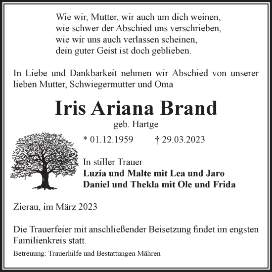 Traueranzeige von Iris Ariana Brand von Volksstimme Altmark West