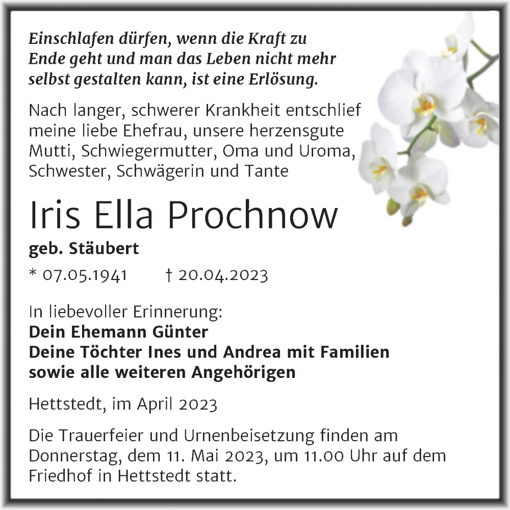  Traueranzeige für Iris Ella Prochnow vom 27.04.2023 aus Trauerkombi Mansfelder Land