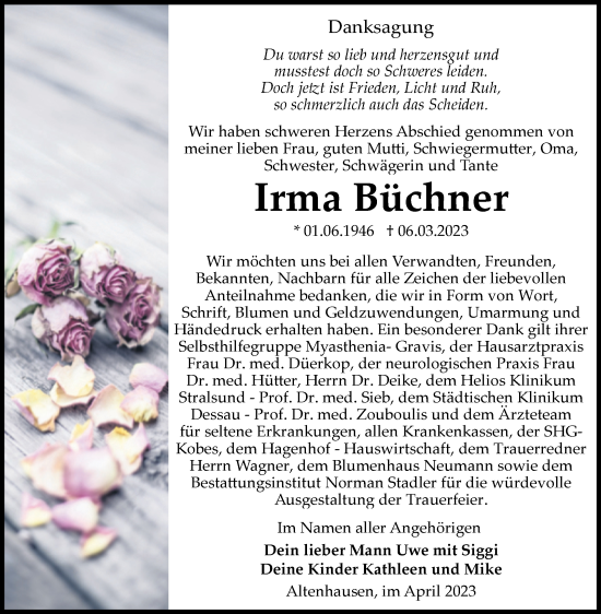 Traueranzeige von Irma Büchner von Volksstimme Haldensleben/Wolmirstedt