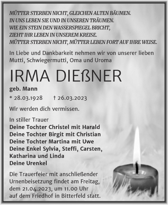 Traueranzeige von Irma Dießner von Trauerkombi Bitterfeld