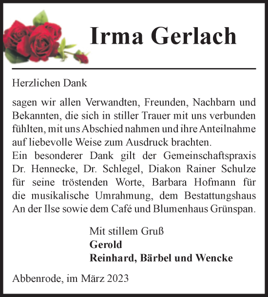 Traueranzeige von Irma Gerlach von Volksstimme Wernigerode
