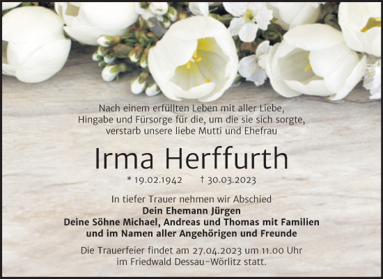 Traueranzeige von Irma Herffurth von Mitteldeutsche Zeitung Halle/Saalkreis