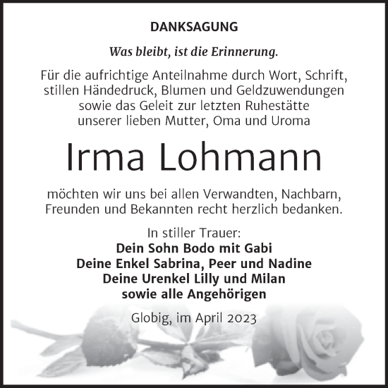 Traueranzeige von Irma Lohmann von Trauerkombi Wittenberg