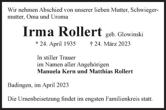 Traueranzeige von Irma Rollert von Volksstimme Altmark Ost