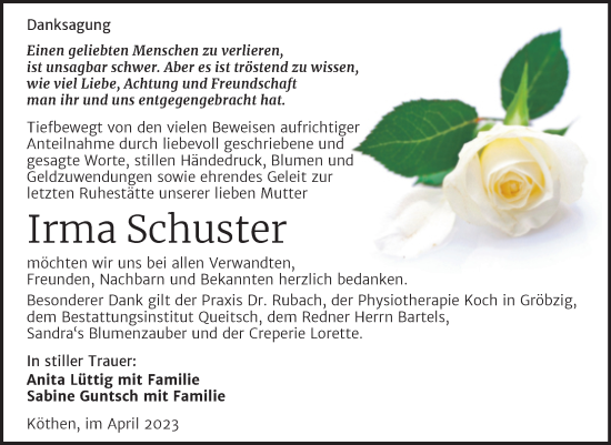 Traueranzeige von Irma Schuster von Trauerkombi Köthen