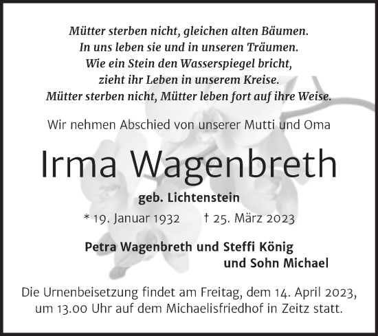 Traueranzeige von Irma Wagenbreth von Trauerkombi Zeitz