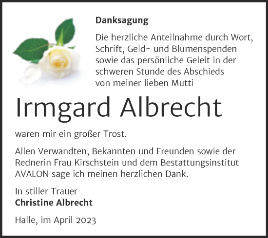 Traueranzeige von Irmgard Albrecht von Mitteldeutsche Zeitung Halle/Saalkreis