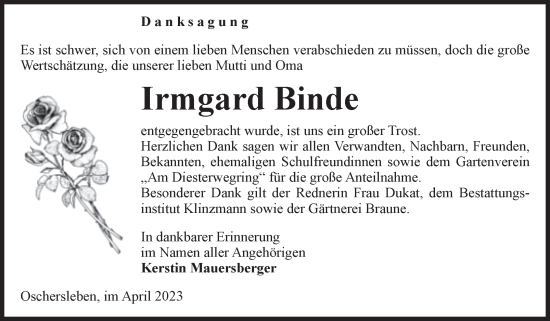 Traueranzeige von Irmgard Binde von Volksstimme Oschersleben/Wanzleben