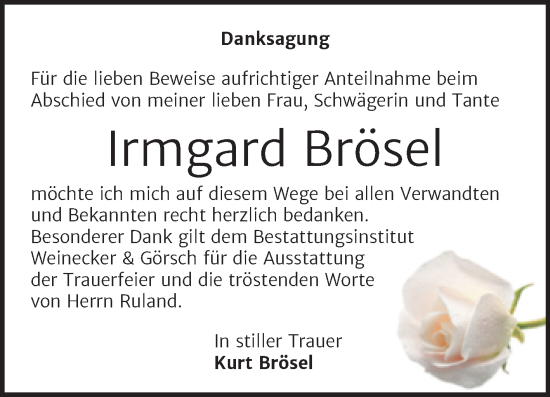 Traueranzeige von Irmgard Brösel von Trauerkombi Bernburg