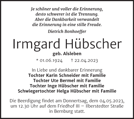 Traueranzeige von Irmgard Hübscher von Trauerkombi Bernburg