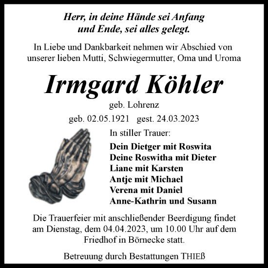 Traueranzeige von Irmgard Köhler von Volksstimme Wernigerode