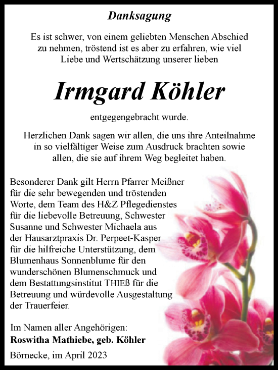Traueranzeige von Irmgard Köhler von Volksstimme Wernigerode