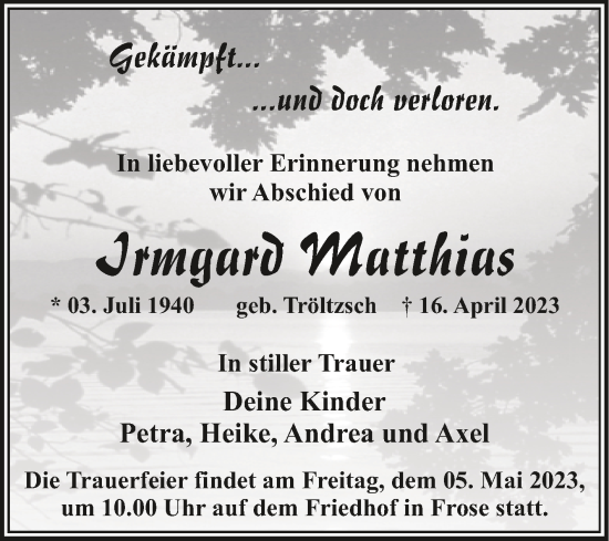 Traueranzeige von Irmgard Matthias von Trauerkombi Aschersleben