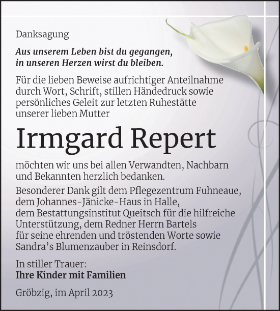 Traueranzeige von Irmgard Repert von Trauerkombi Köthen