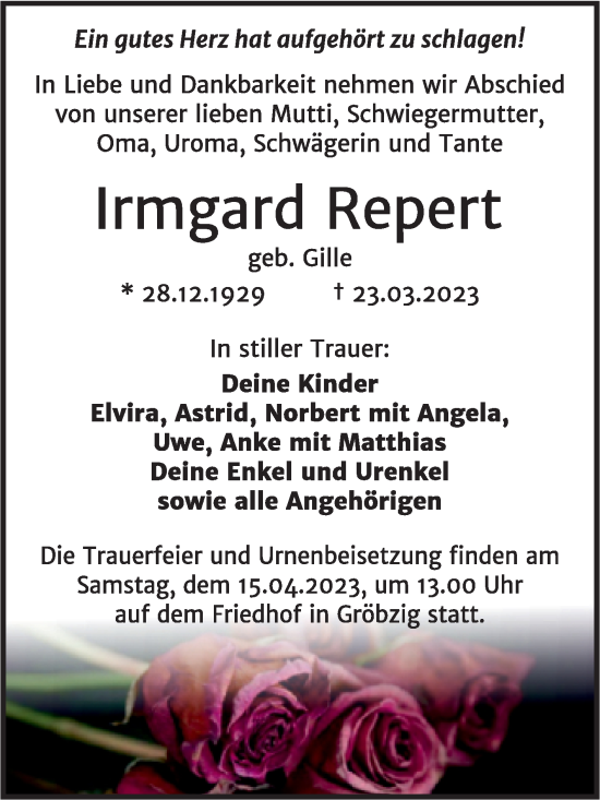 Traueranzeige von Irmgard Repert von Trauerkombi Köthen