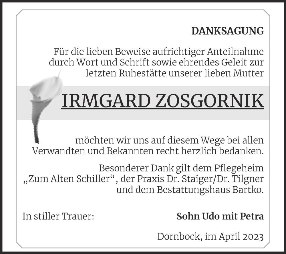  Traueranzeige für Irmgard Zosgornik vom 21.04.2023 aus Trauerkombi Köthen