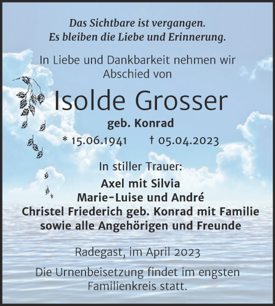Traueranzeige von Isolde Grosser von Trauerkombi Köthen