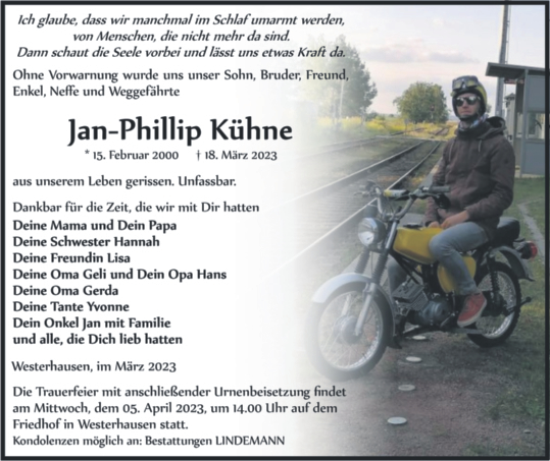 Traueranzeige von Jan-Phillip Kühne von Trauerkombi Quedlinburg