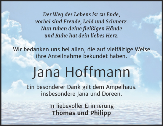 Traueranzeige von Jana Hoffmann von Trauerkombi Wittenberg