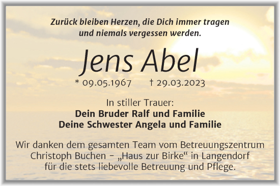 Traueranzeige von Jens Abel von Trauerkombi Weißenfels