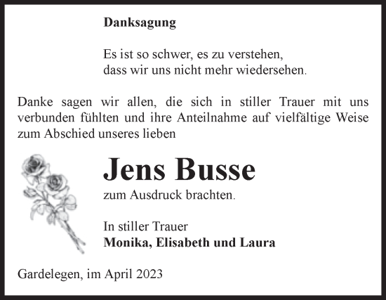 Traueranzeige von Jens Busse von Volksstimme Altmark West
