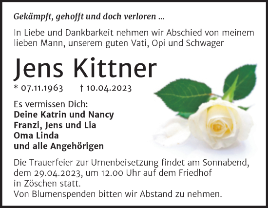 Traueranzeige von Jens Kittner von Trauerkombi Merseburg