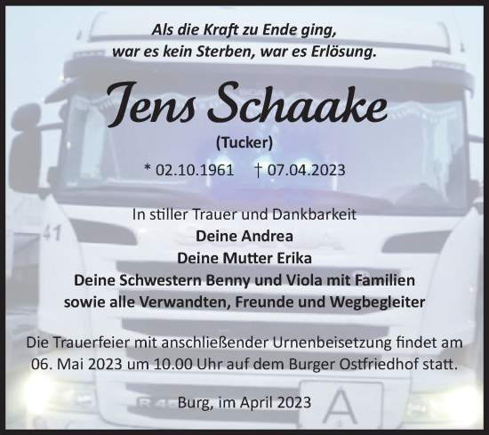 Traueranzeige von Jens Schaake von Volksstimme Burg/Genthin