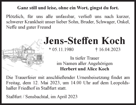 Traueranzeige von Jens-Steffen Koch von Volksstimme Staßfurt