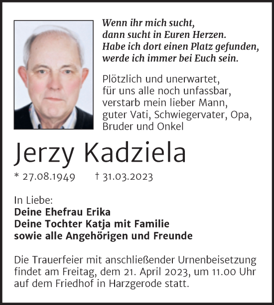 Traueranzeige von Jerzy Kadziela von Trauerkombi Quedlinburg