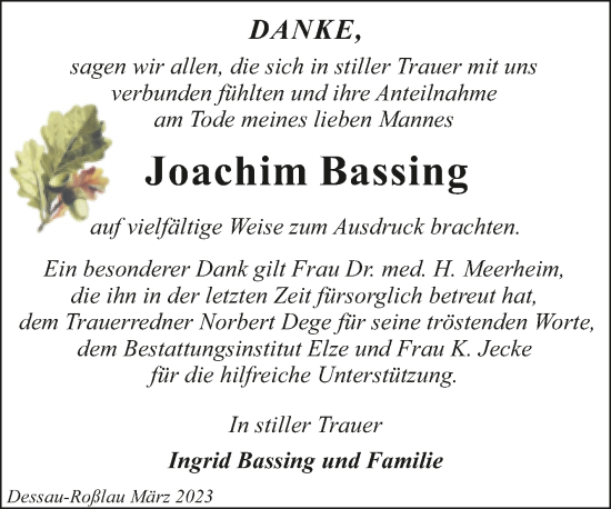 Traueranzeige von Joachim Bassing von Trauerkombi Dessau