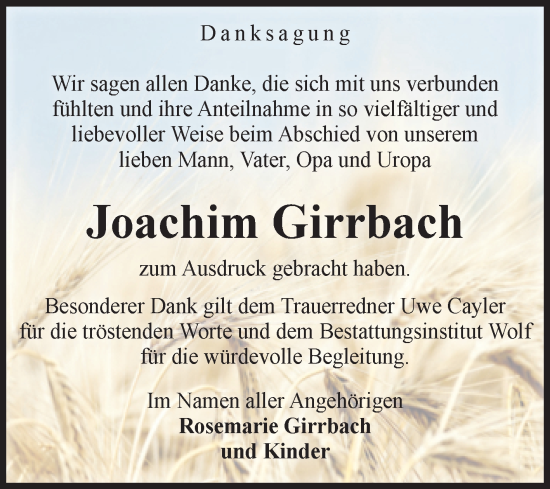 Traueranzeige von Joachim Girrbach von Volksstimme Wernigerode
