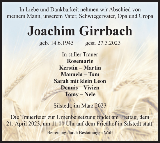 Traueranzeige von Joachim Girrbach von Volksstimme Wernigerode